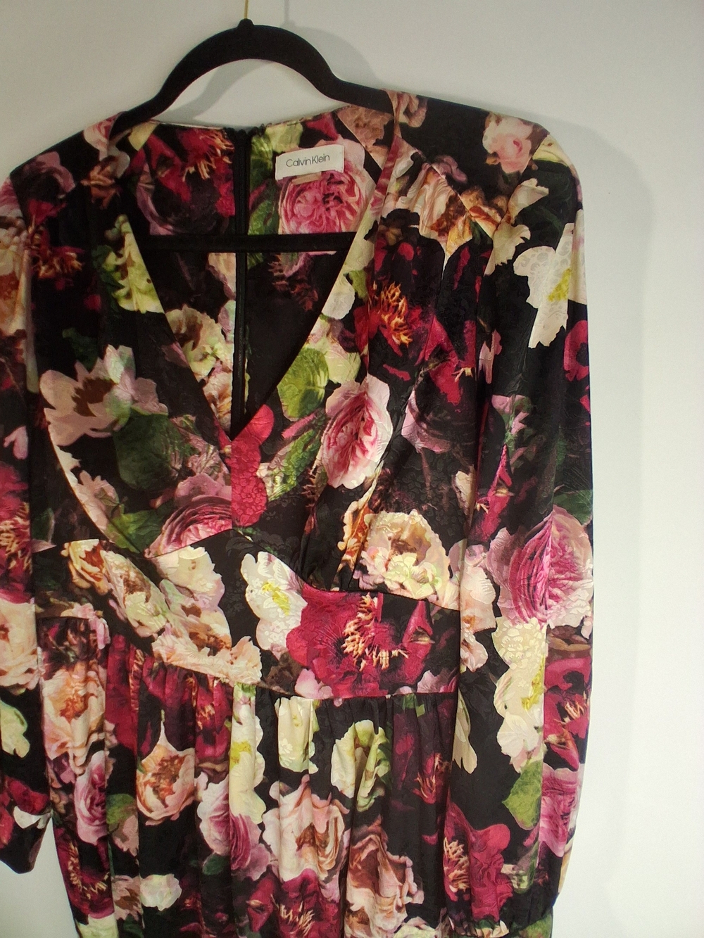 Calvin Klein Black Floral V-Neck Long Sleeve Dress